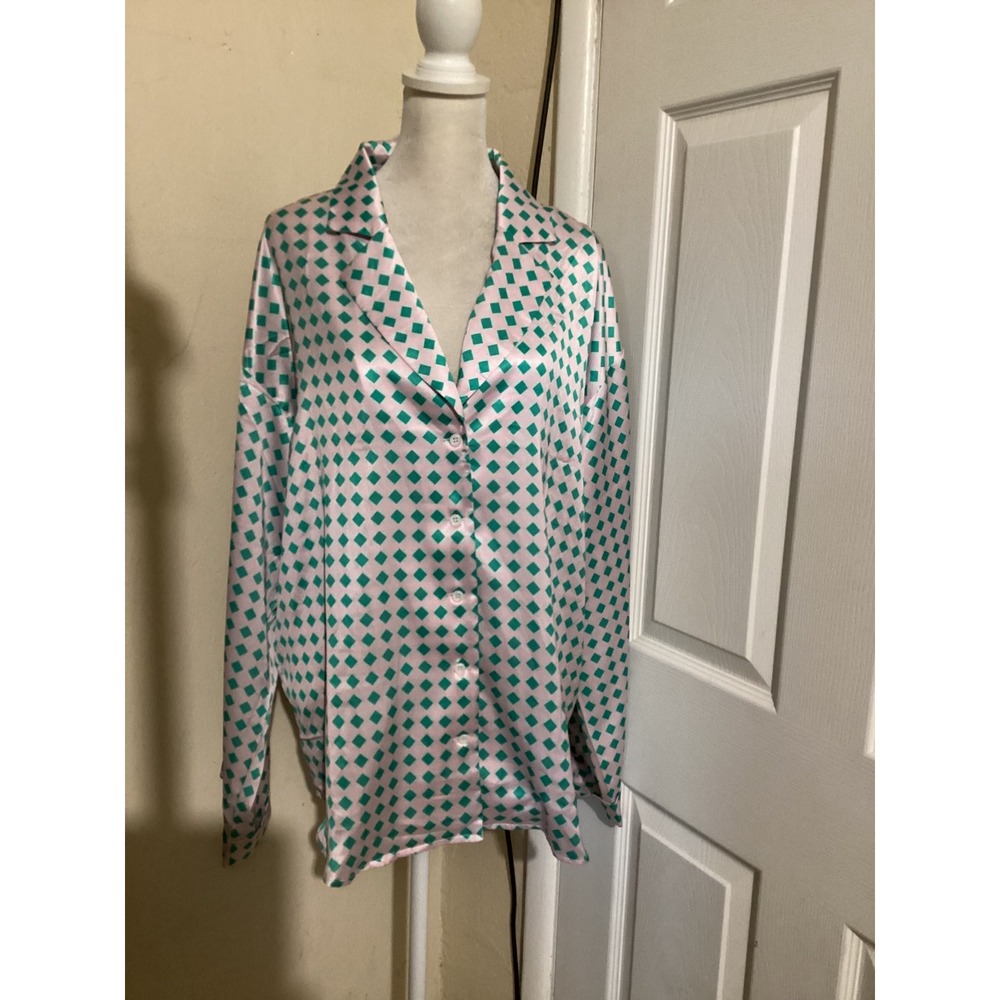 Princess Polly Pink Green Diamond Print Satin Button Down Shirt US 6 NEW